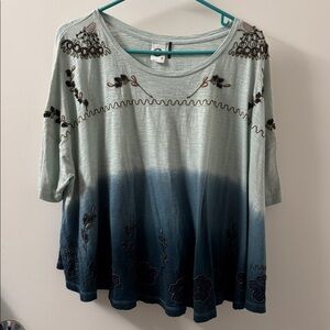 Anthropologie Blue and Green Embroidered Top